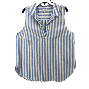 J. Crew Shirt Womens Sz XL Blue Stripe Collar V-Neck Linen Blend Sleeveless EUC